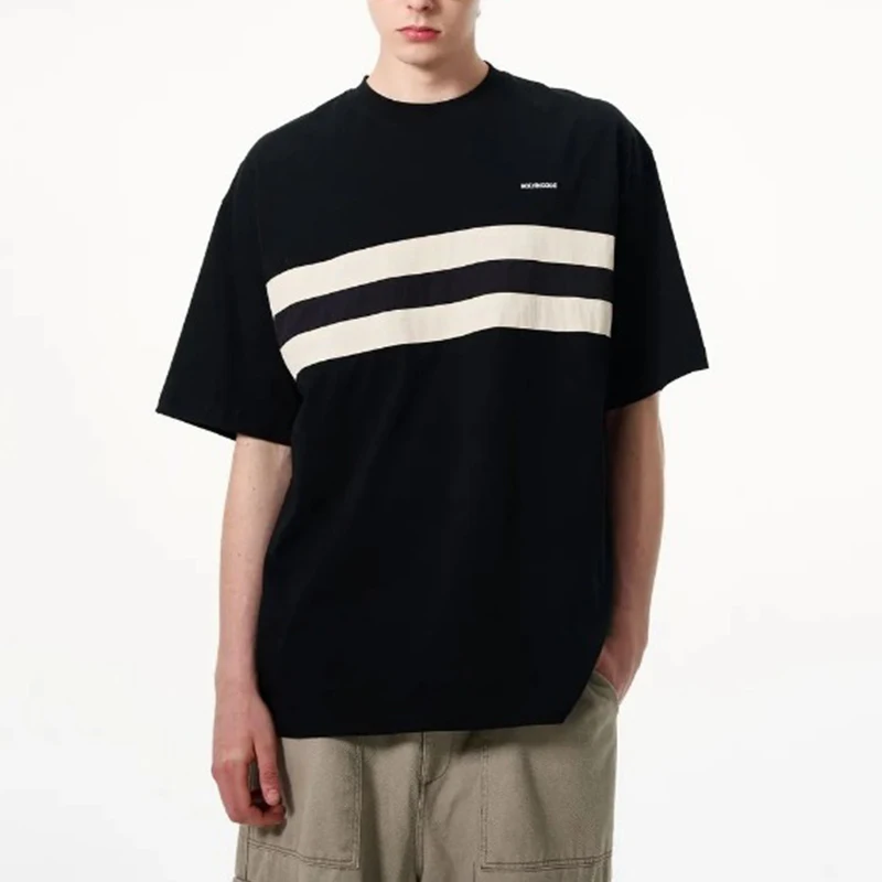 Men's Black Crew Neck Short Sleeve T Shirt With White Stripe Detail Oversized Casual Streetwear Tee