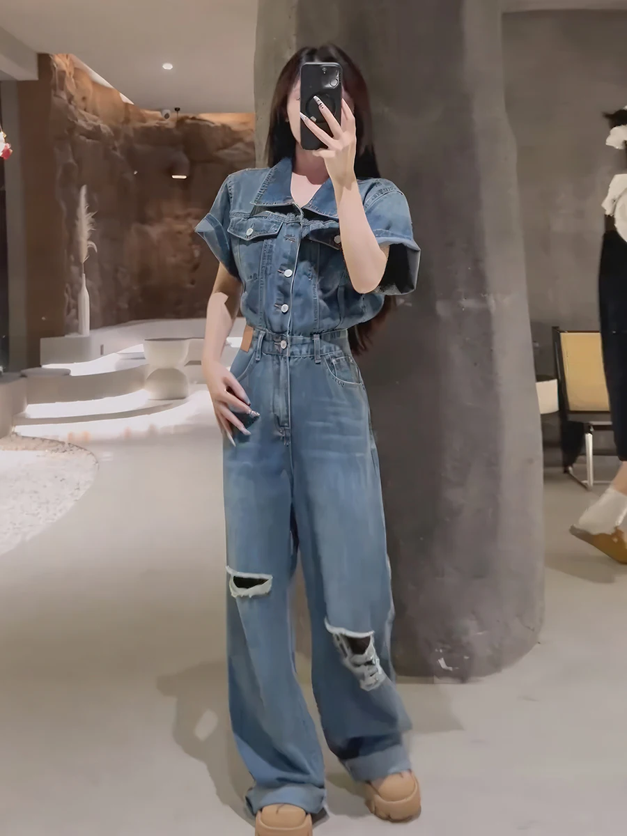 

American Cool Denim Overalls Women's Summer New Retro Hole ort Sve Straight Leg Wide Leg Pants High Waist Long Pants
