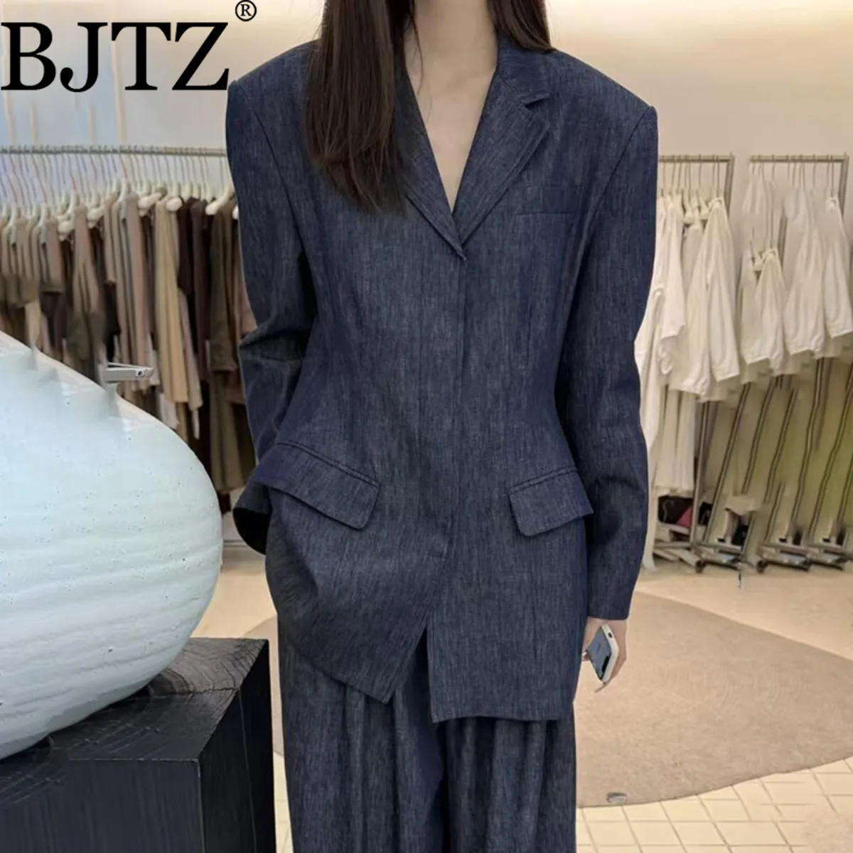 

BJTZ Denim Linen Blazers Set Women 2025 Autumn Trend Style Minimalist Silhouette Blazer Pants Two-Piece Set