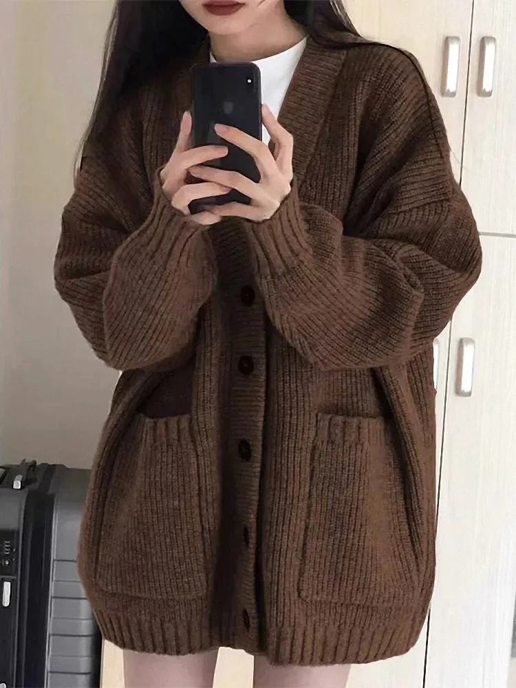 الخريف الشتاء المرأة عادية محبوك سترة V-Ne معطف لينة كسول فضفاض ملابس خارجية سترة مختلطة الألياف طويلة Sve الحرارية