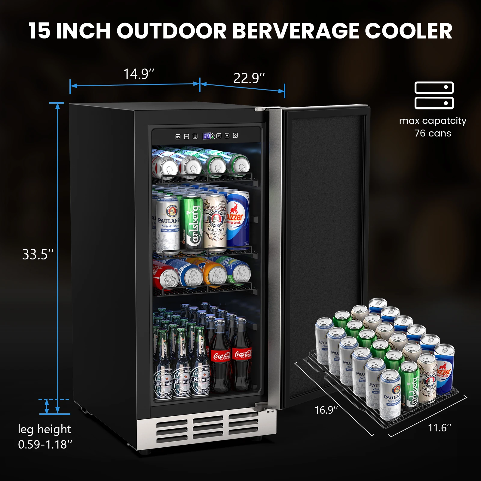 Nevera de bebidas para exteriores de 15 pulgadas, refrigerador de bebidas de acero inoxidable a prueba de clima, debajo de la encimera, refrigerador de cerveza