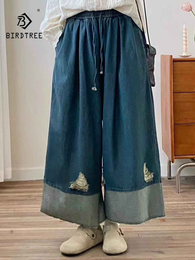 

Новые осенние хлопковые джинсовые брюки 2025 года, женские лоскутные джинсы с эластичной резинкой на талии, шикарные широкие джинсы Mori Girl во французском стиле ретро B59424CC