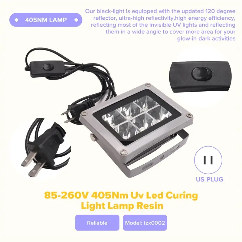 ABVJ-85-260V 405Nm Uv Led Curing Light Lamp Resin For Sla Dlp 3D Printer US Plug