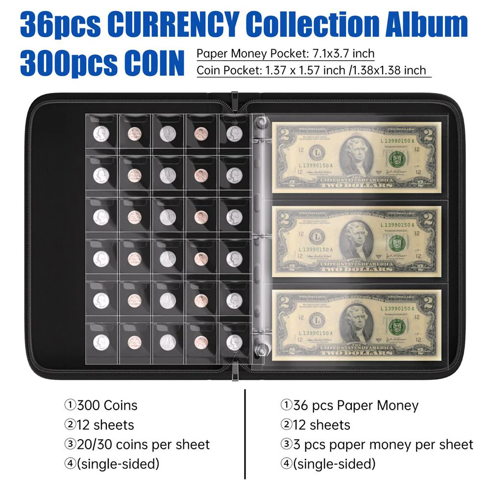 

Fireproof Waterproof Large Capacity Coin Banknote Favorites With Zipper 3Ring Loose leaf Binder High Definition Transparent Page