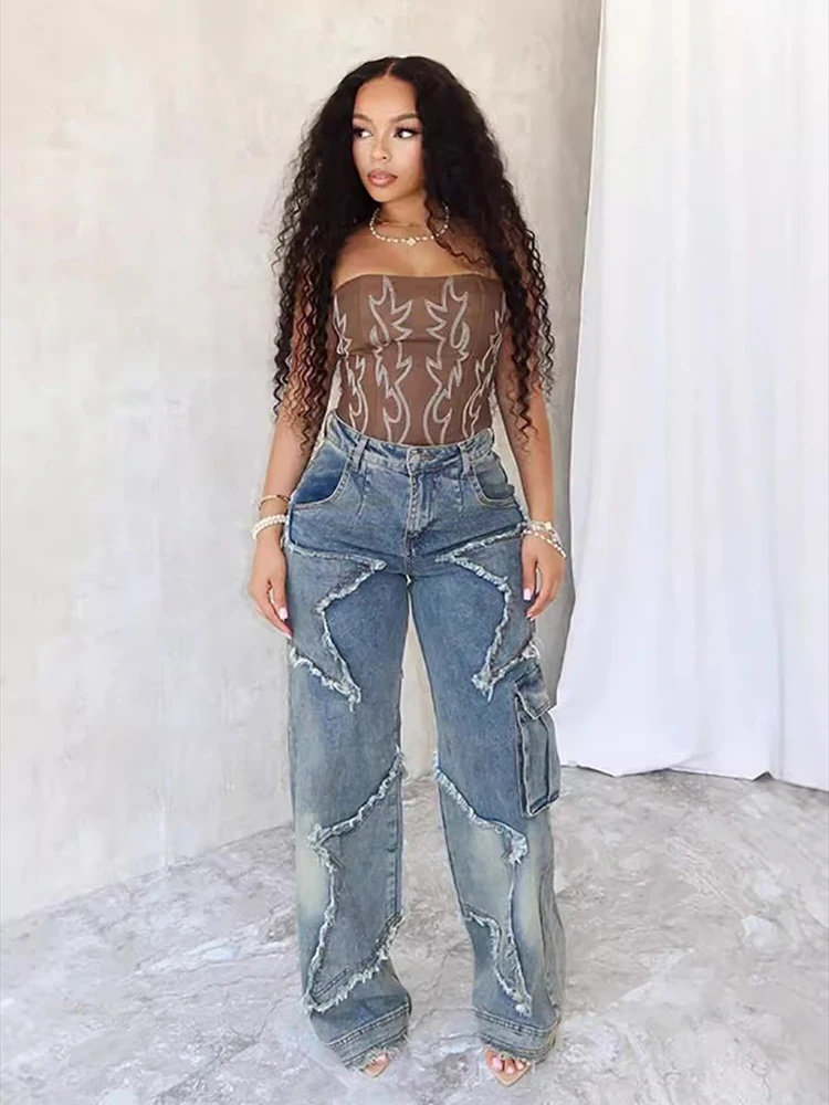 

Women Streetwear Fashion Star Tassel Straight Zipper Fly Denim Pants 2025 Summer Washed Safari Cargo Wide Leg Jeans