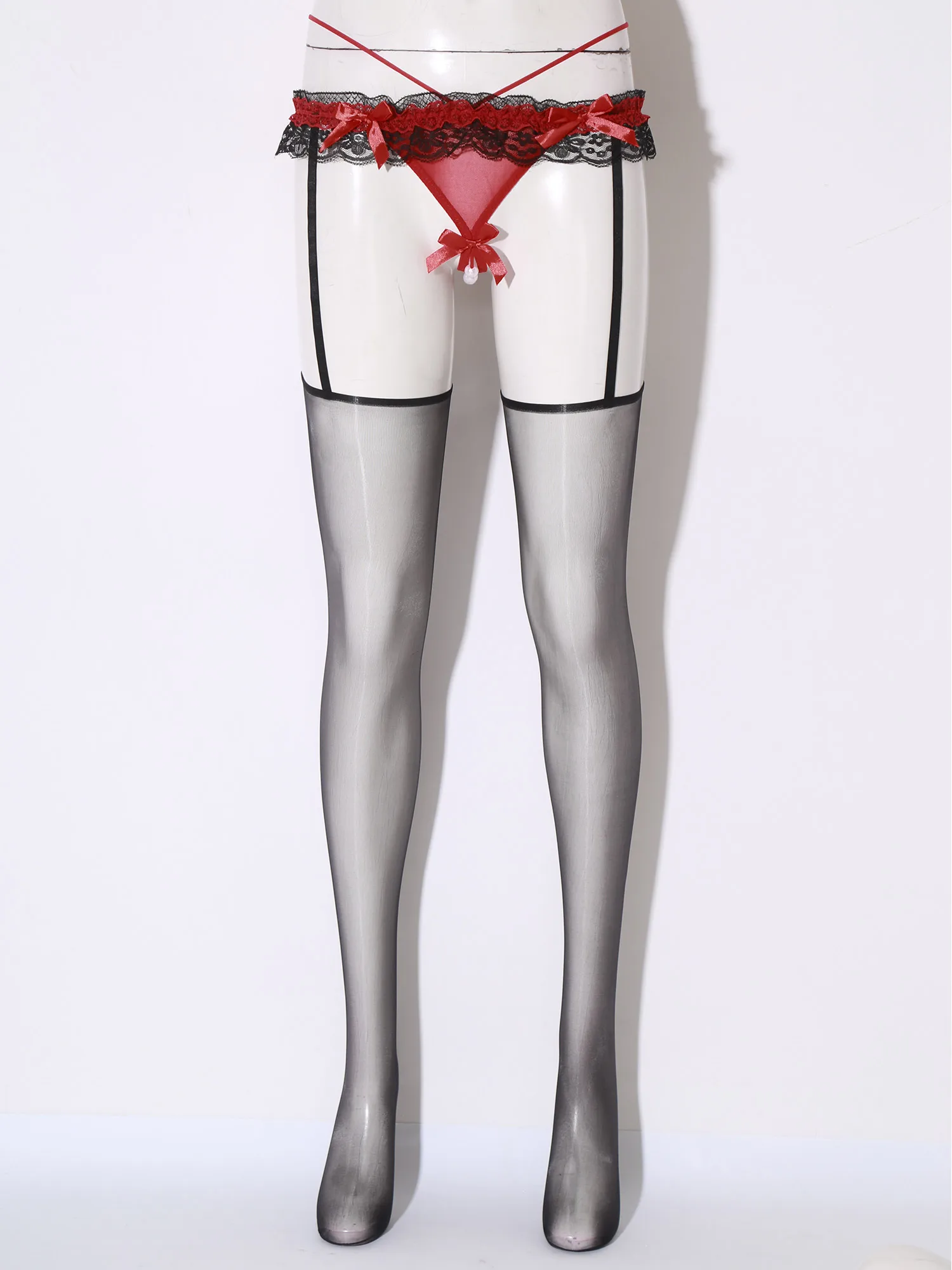 

Women Glossy Low Waist Thongs Garter Stockings Sexy Ruffled Lace Suspender Bodystickings Hollow Out Crotch Tights Pantyhose