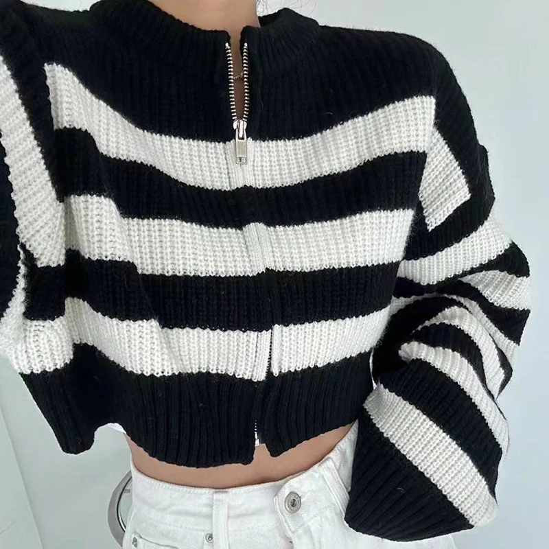 HELIAR Women Patchwork Striped Sweater Zipper Cardigan Sweater Knit O-Neck Casual Cropped Outerwear For Women 2024 Fall Winter