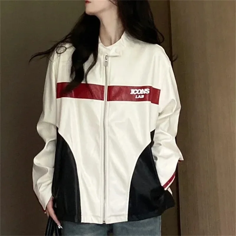 

2025 Ladies Stand Collar Faux Leather Coat Advanced Women Contrast Color PU Leather Jacket 2025 Female Leisure Leather Outwear