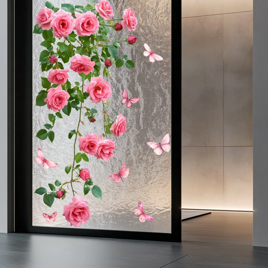 1PC Flower Vine Window Decal Pink Rose and Butterfly Design Bathroom Living Room Bedroom Wall Sticker Glass Door Wall Decorat