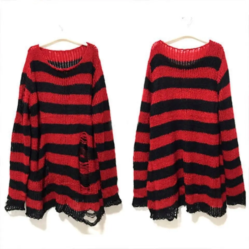 Nowy gotycki punkowy gotycki sweter swetry oversize damskie w paski fajne drążą dziura zepsuty sweter estetyka Harajuku sweter
