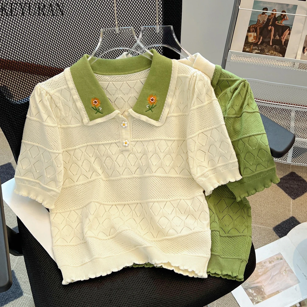 Summer French Sweet Hollow Out Embroidery Sweater Women Pullovers Vintage Korean Style Casual Loose Knitting Tops Female Jumpers