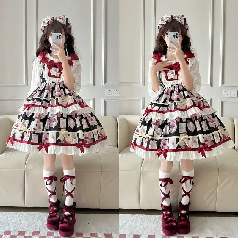 NONSAR Victorian Vintage Lolita JSK Dress Women Sweet Kawaii Cartoon Printed Laminated Cake Dresses Bow Ruffles Princess Vestido