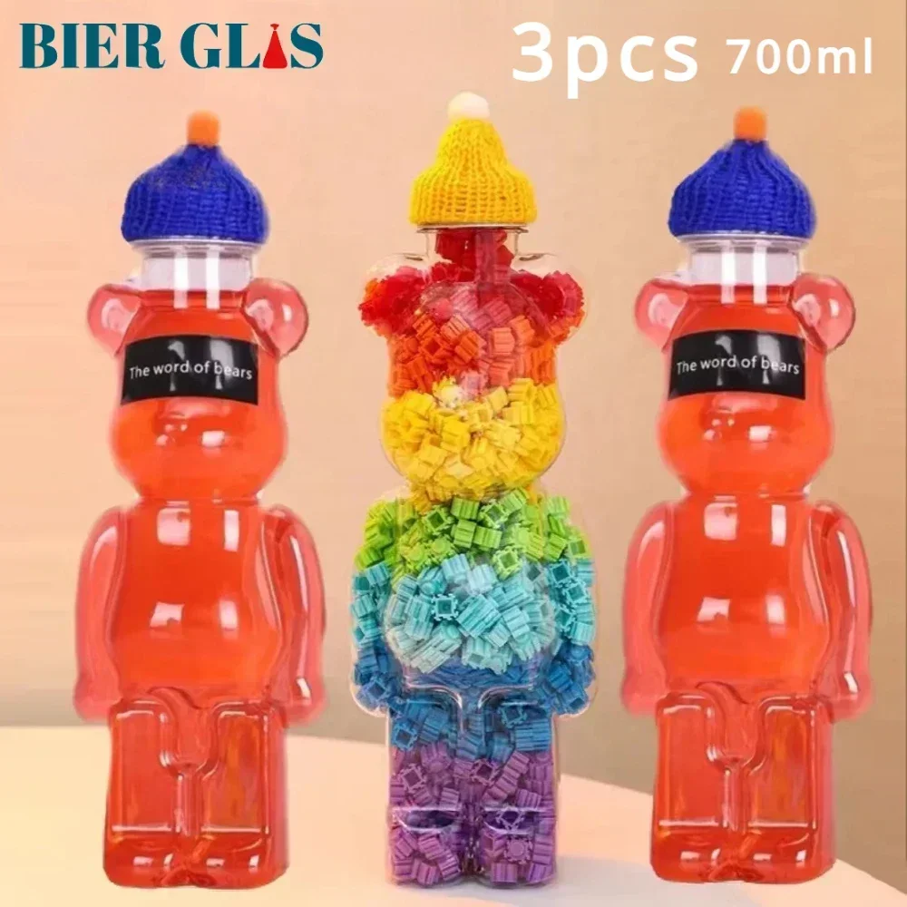 700ml Kawaii Bear Storage Bottle 3pcs Multi-function Home Decor Plastic Container For Candy Lego Origami Star Display Ornaments