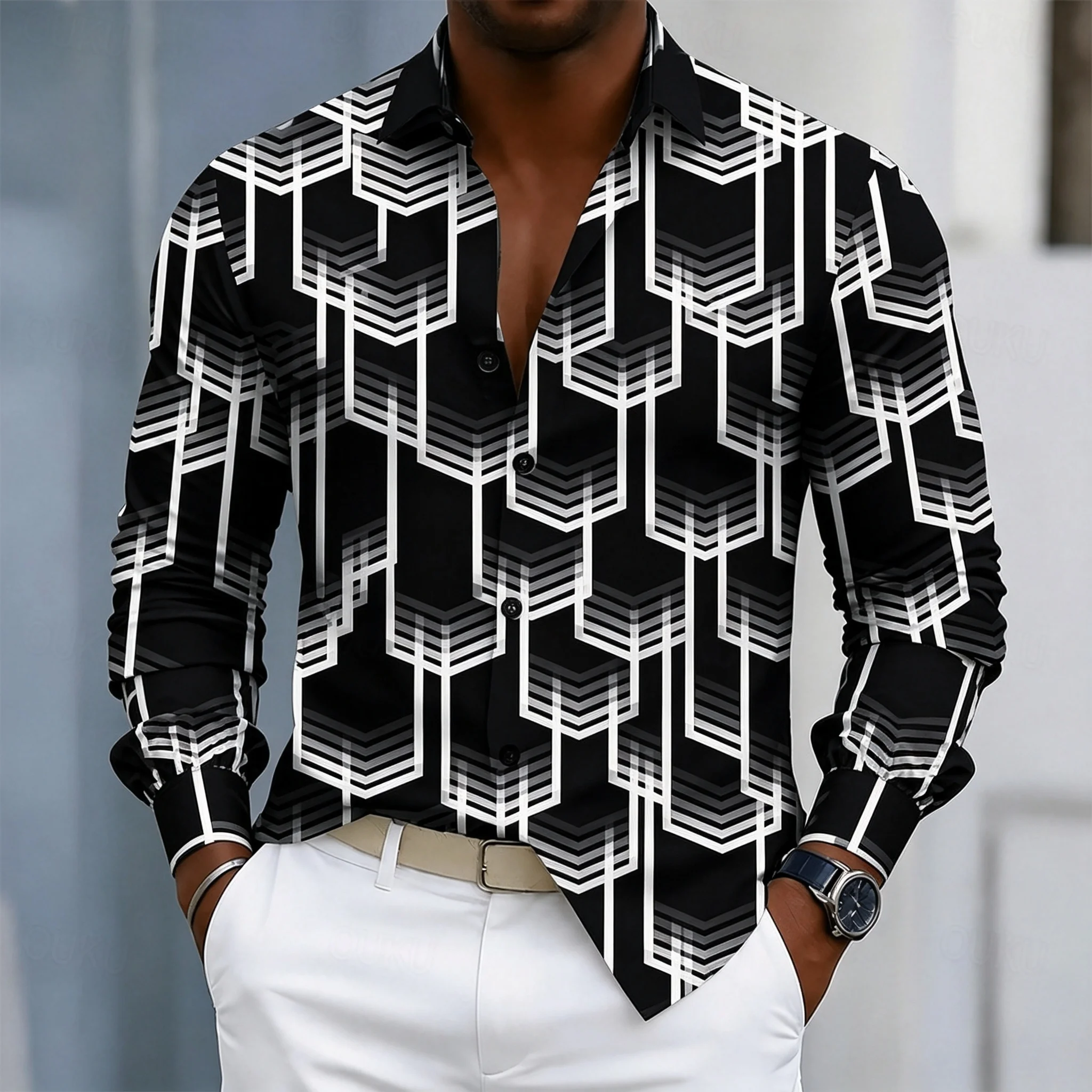 Men's Long-Sleeve Shirt with Geometric Angular Lines-Linear Collar-Urban Trendy Business-Casual Top