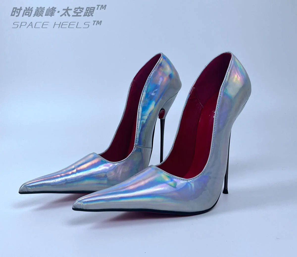 Seek Mate space heel 14cm European and American customized long pointed laser high heel shoes sexy men and women black patent le