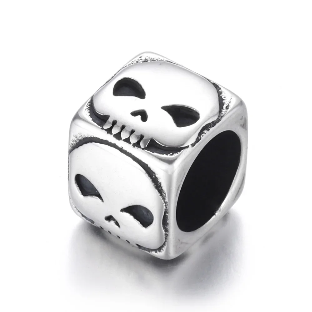Stainless Steel Skull Square Bead Polished 8mm Large Hole Beads Metal Slide Charm Accessories DIY Bracelet Jewelry Making