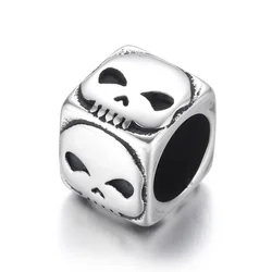 Stainless Steel Skull Square Bead Polished 8mm Large Hole Beads Metal Slide Charm Accessories DIY Bracelet Jewelry Making