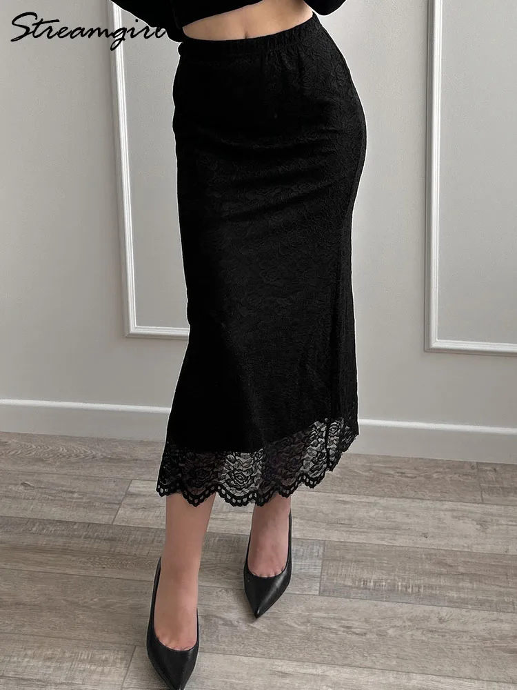 White Lace Skirt Maxi Bodycon Women Summer Office Wear Elegant Formal Skirts With Lace Lady Elastic Waist Lace Black Skirt Long