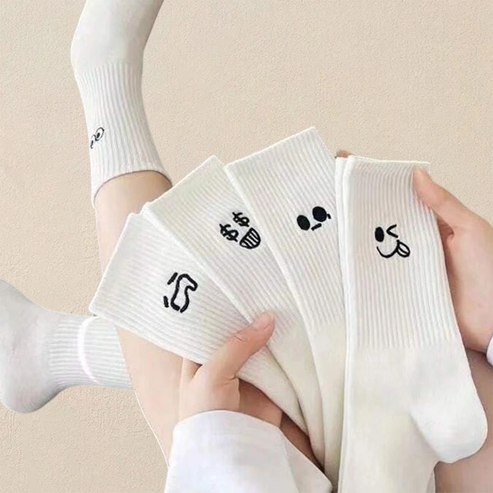 5 Pairs Men White Cartoon Socks Trendy Versatile Expression Socks With Simple Design Soft Breathable Comfortable Casual Socks