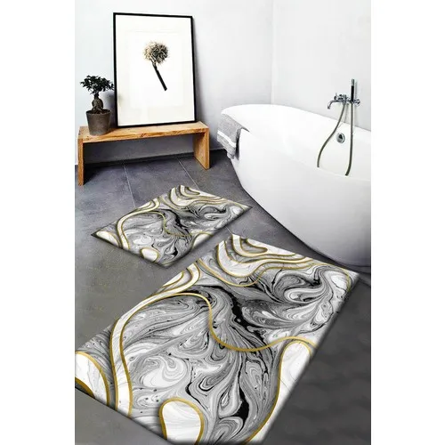 Else Carpet Else Gray Yellow Marble Pattern Washable Anti-Slip Soles 2li Bath Mat Doormat Toilet Seat Pad