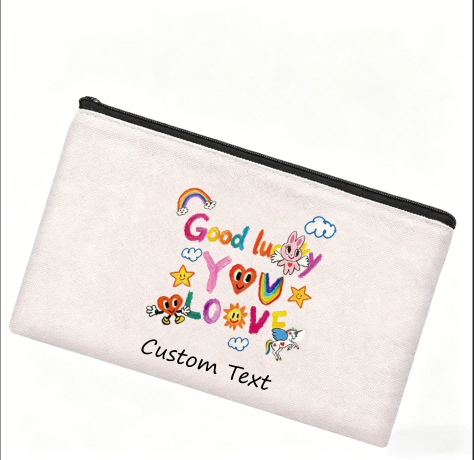 1PC Custom Text Good Luck Love You Rainbow Cartoon Print Cosmetic Bag Personalized Canvas Zipper Makeup Storage Pouch