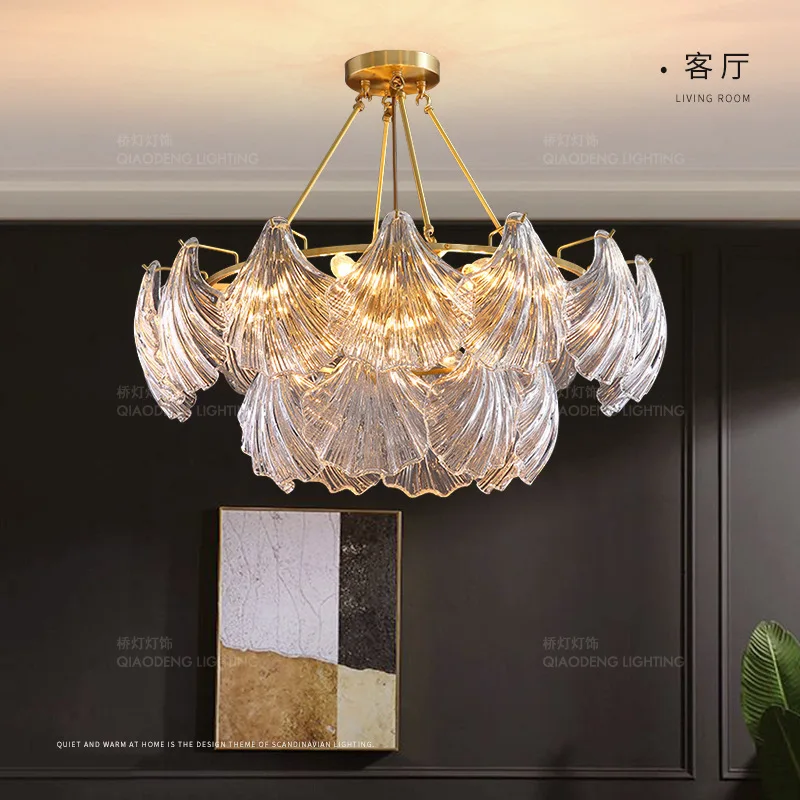 

All copper light luxury crystal French pastoral glass shell light luxury American chandelier