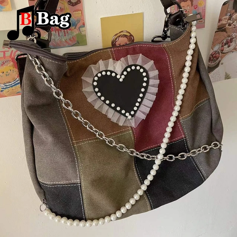 Y2K Women Girls Vintage Canvas Single Shoulder Underarm Bags Tote Lady Fashion trend pearl chain messenger bag handbags