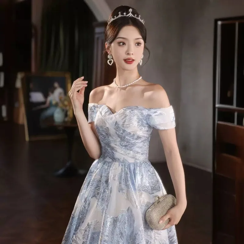 

Blue One-shoulder Evening Dress Fashion Tube Top and Sleeveless Princess Fluffy Skirt Formal Dress Women Elegant Party Dresses