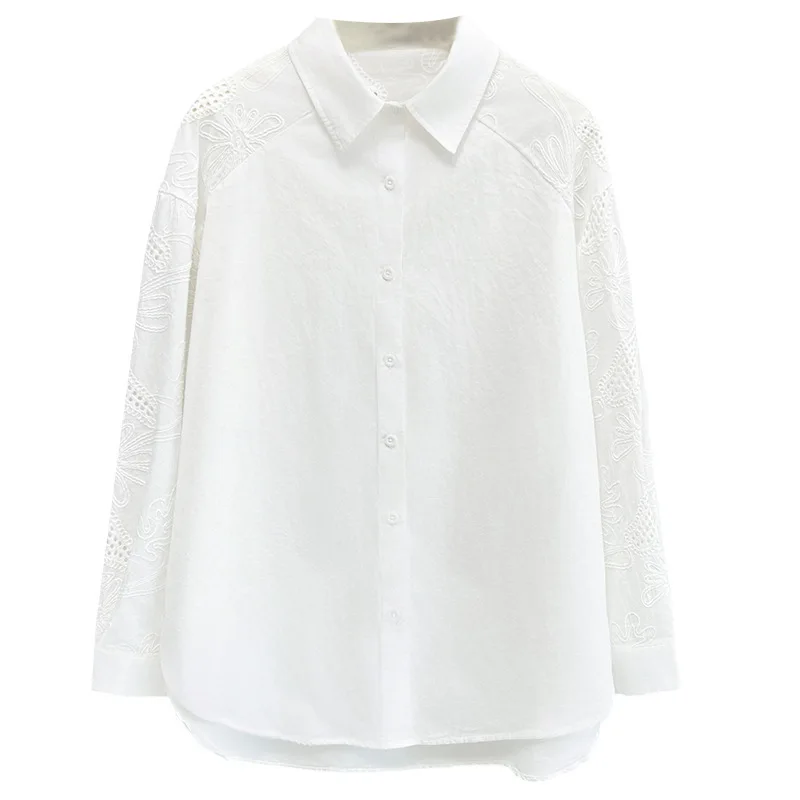 

Женские блузки больших размеров, осень 2023, новая модная полосатая лоскутная рубашка с длинными рукавами, повседневные топы в гонконгском стиле 9089