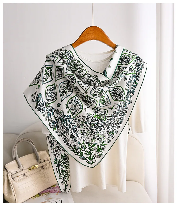 

2026 Luxury women's scarves 100% silk green navy blue leaves butterfly print woman neck scarf original luxury scarves cape
