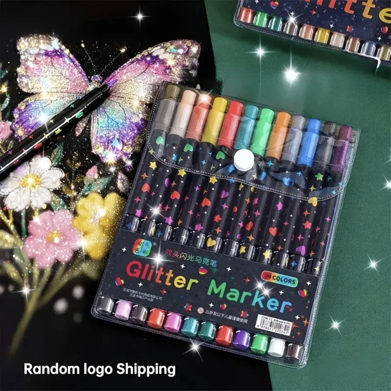 Dual-Tip Shimmer Marker Set of 12 - Fine Point & Flexible Brush Glitter Pens for Illustration, Calligraphy & Bullet Journals