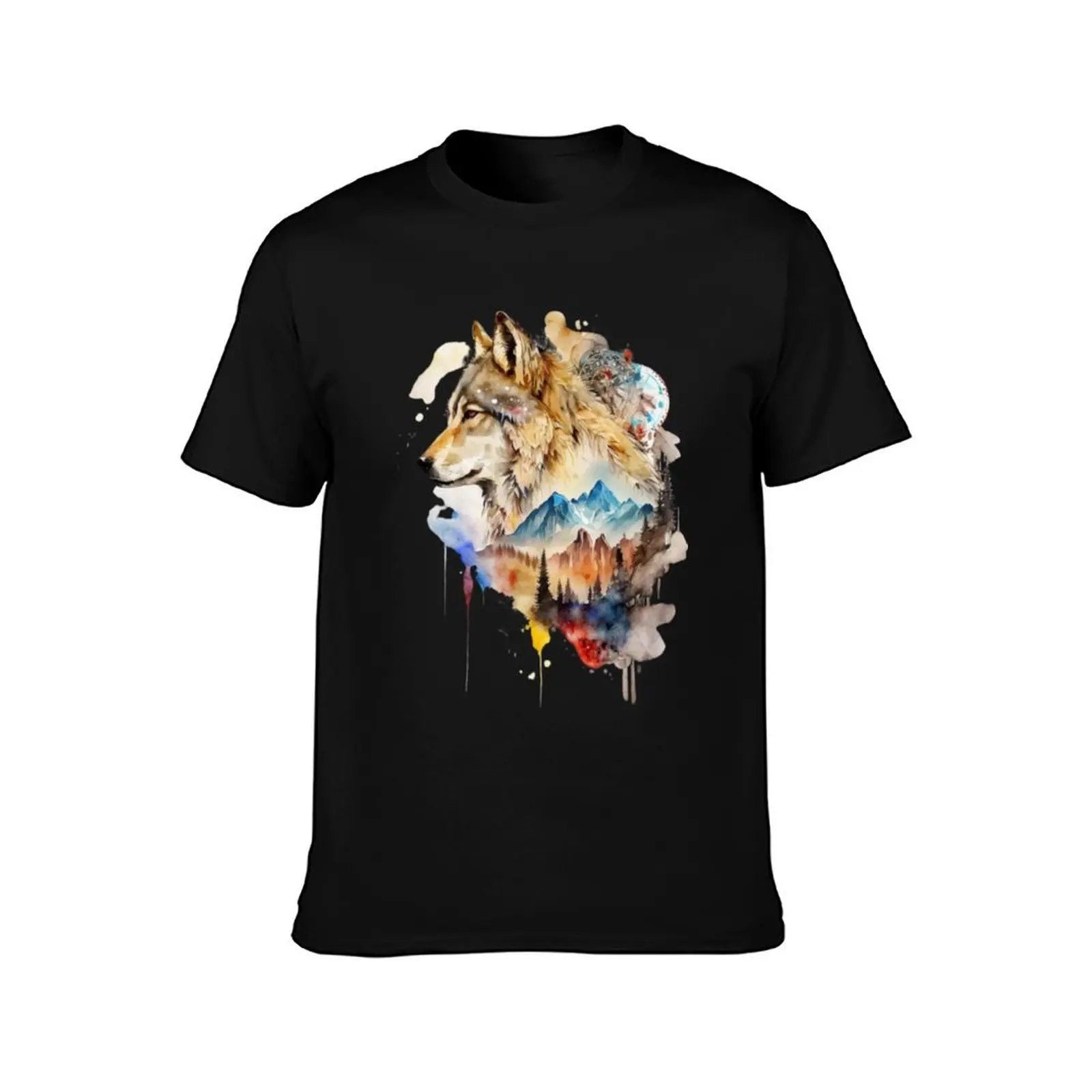 Wolf With American Native Indian Vibes Watercolor WIth Forest Mountains T-Shirt Tough Fabric Work Tee T-Shirt