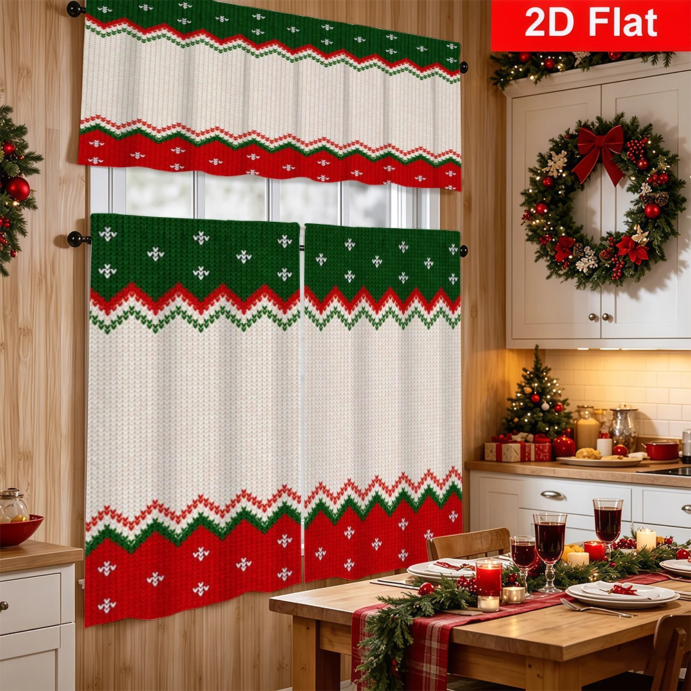 Christmas Kitchen Curtains, Ivory Knit Red Green Zigzag, Digital Print, Kitchen Dining Room, Rod Pocket Polyester, Home Decor