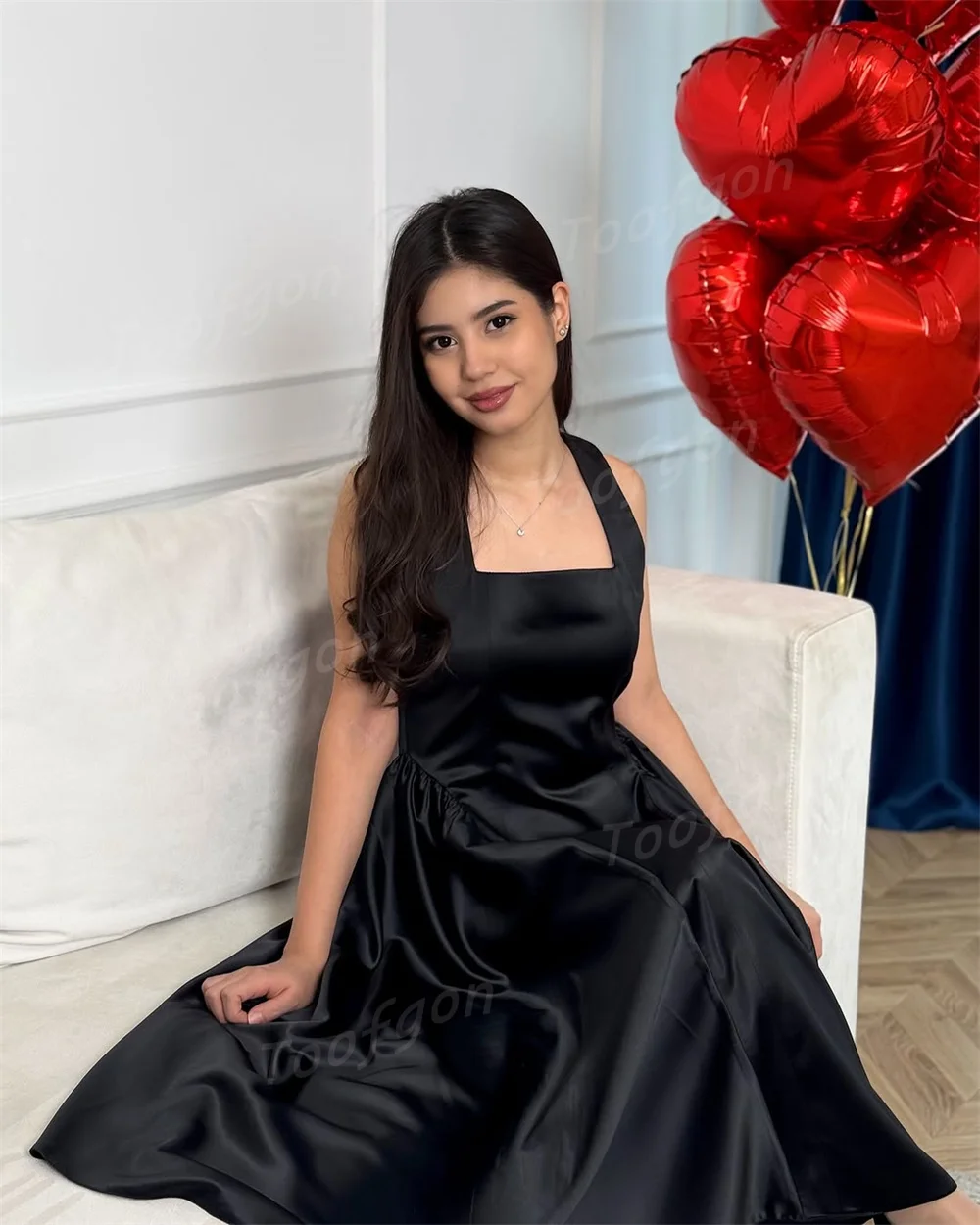 Toofan с квадратным вырезом, черные трапециевидные платья для выпускного вечера, атласные платья чайной длины, женские вечерние платья, свадебное платье для помолвки по индивидуальному заказу