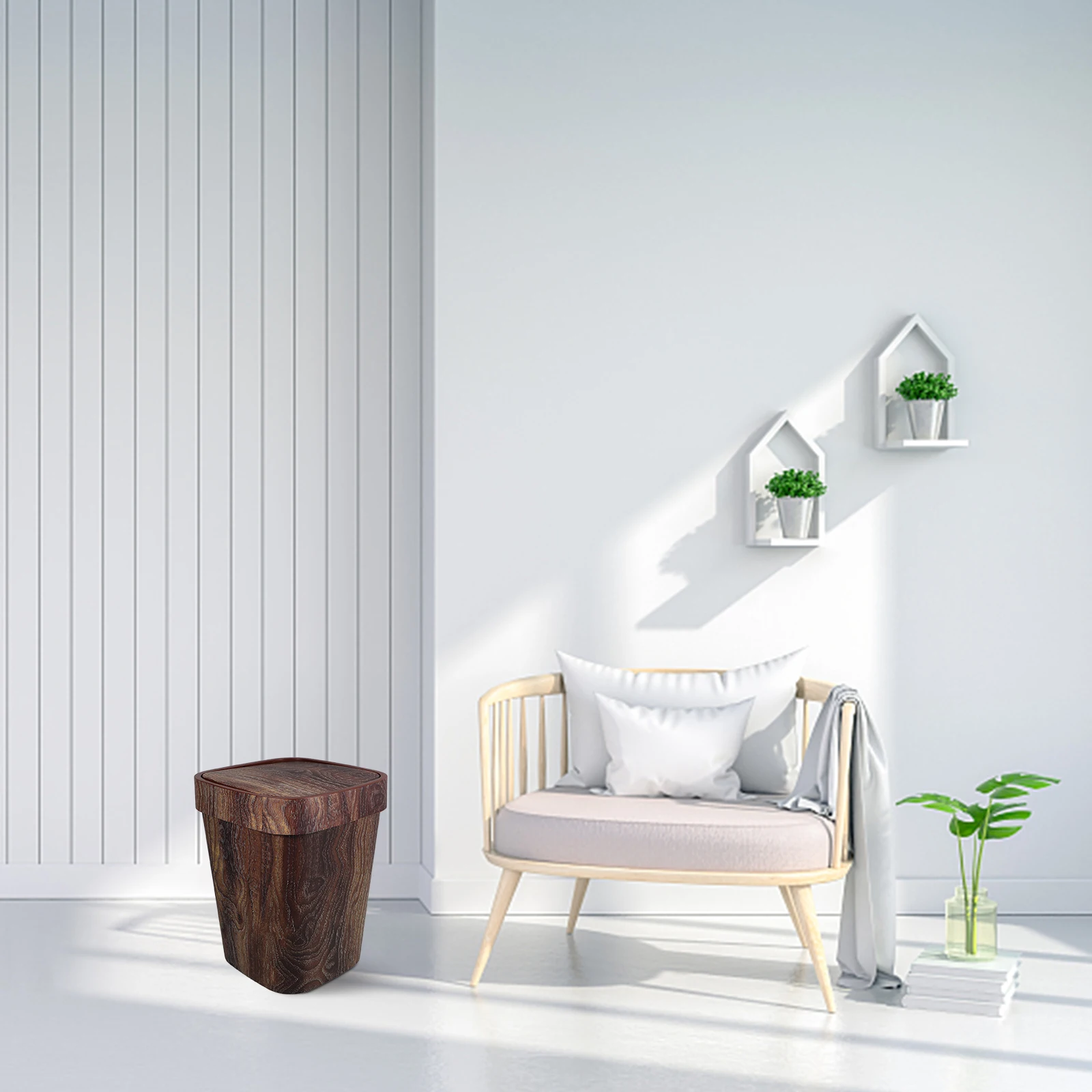 

Plastic Trash Can Square Swing Lid Imitated Wood Grain Garbage Bin Kitchen Bathroom Living Room Office Waste