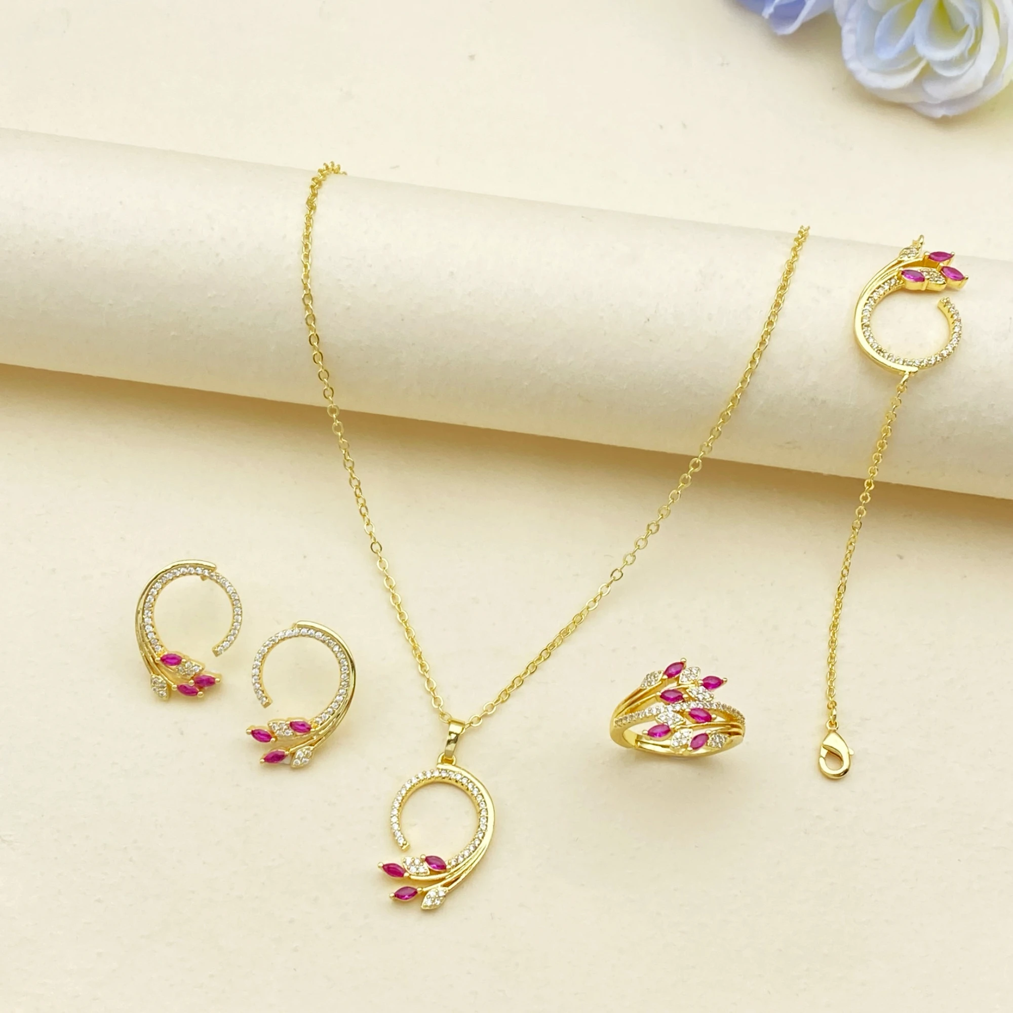 

JRH Niche Design Gold Plated Copper Zircon Jewelry Set Delicate Women Daily 4Pcs Bracelet Ring Necklace Earring Ornaments