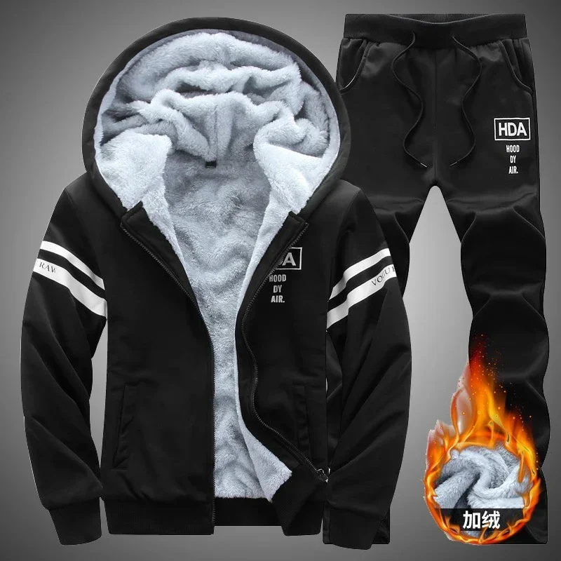 New Winter Thick Men Sports Suit Tracksuit Hooded Sportswear Zipper Cardigan Jacket Hooded Woolen Trousers Pants Casual Men Set