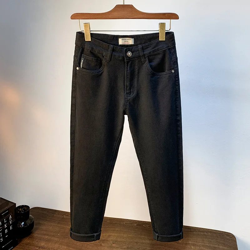 Celana Jeans untuk pria, celana Jin hitam murni, celana panjang modis bisnis kasual Slim Fit, celana pensil kaki sempit musim panas untuk pria