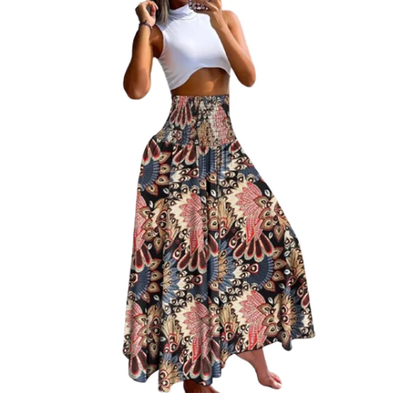 Elastic High Waist Print Boho Skirt For Women Casual Holiday Beach Dress 2024 Summer Female Sexy Strapless Long Dress