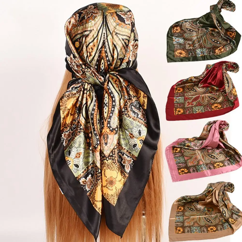 Practical  Vintage Big Cashew Flower Print Hair Scarf Imitation Silk Autumn Shawl Ultra Soft   for Travel