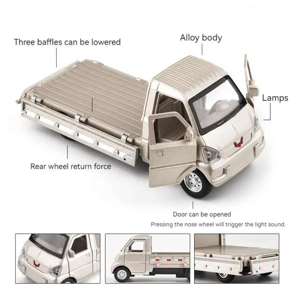 Modelo de camión Wuling 1:32, coche de juguete, cuerpo de aleación, neumáticos de goma, modelos de vehículos de simulación, puertas con luz de sonido, colección abierta, regalo para niño