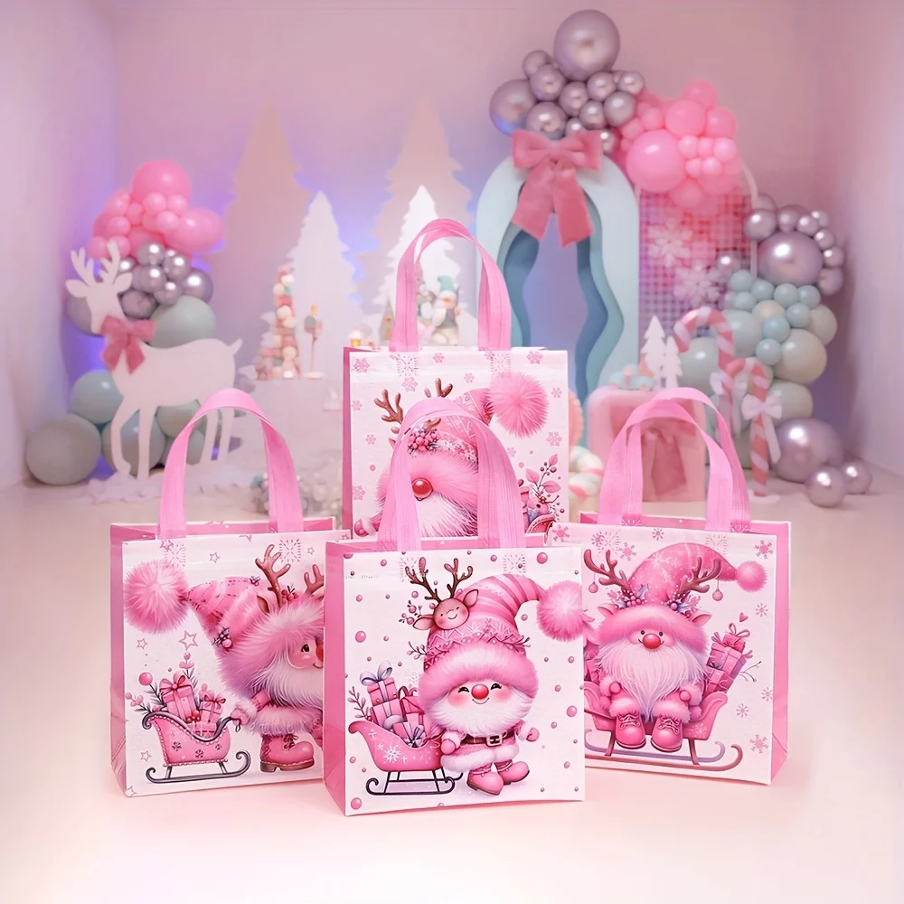 Christmas Gift Bags With Handles, Small Gift Bags For Holiday Gift Wrapping, Tote Bags For Xmas Party Favors Pink Santa Claus