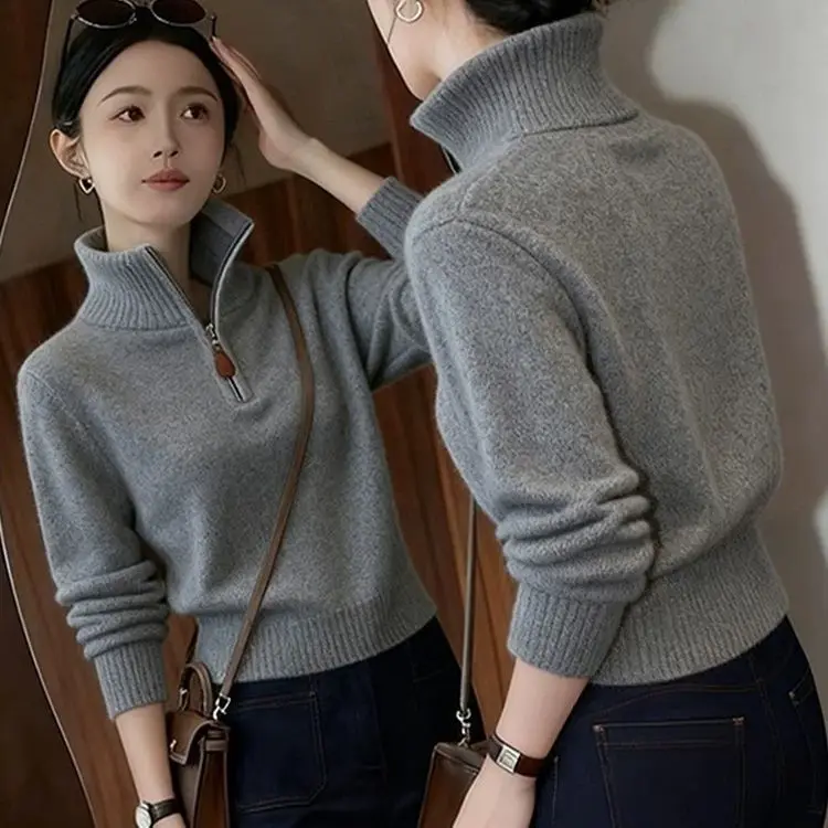 

Women's High Collar Knitted Sweater Non-Balloning Autumn Winter Fashionable Premium Quality Long Sleeve Zipper Closure ...