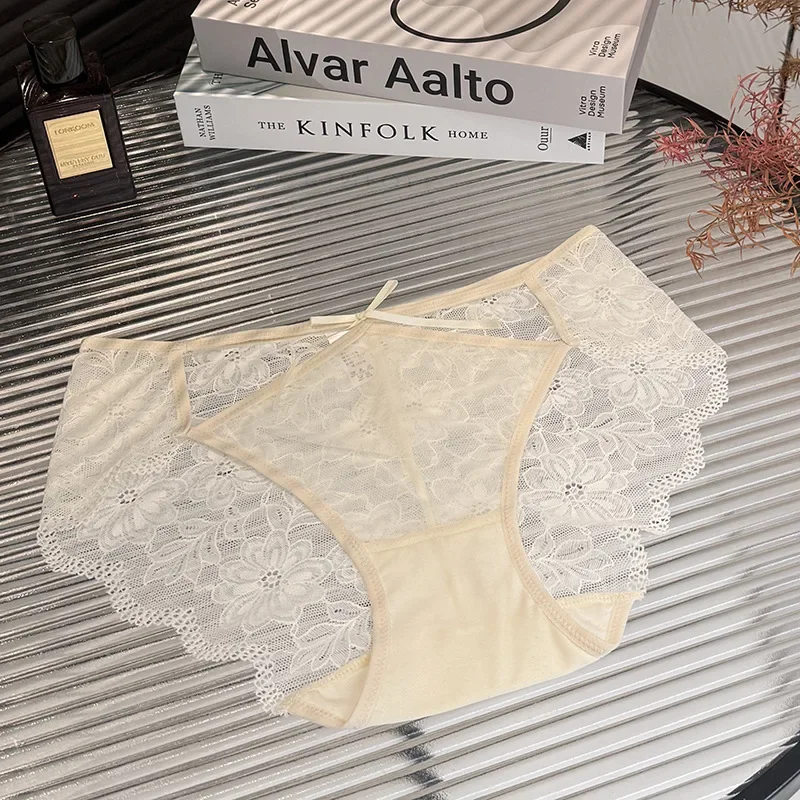 SP & CITY-ropa interior Sexy con lazo de encaje y bordado de flores para mujer, bragas caladas de malla de cintura baja, bragas transpirables con entrepierna de algodón suave