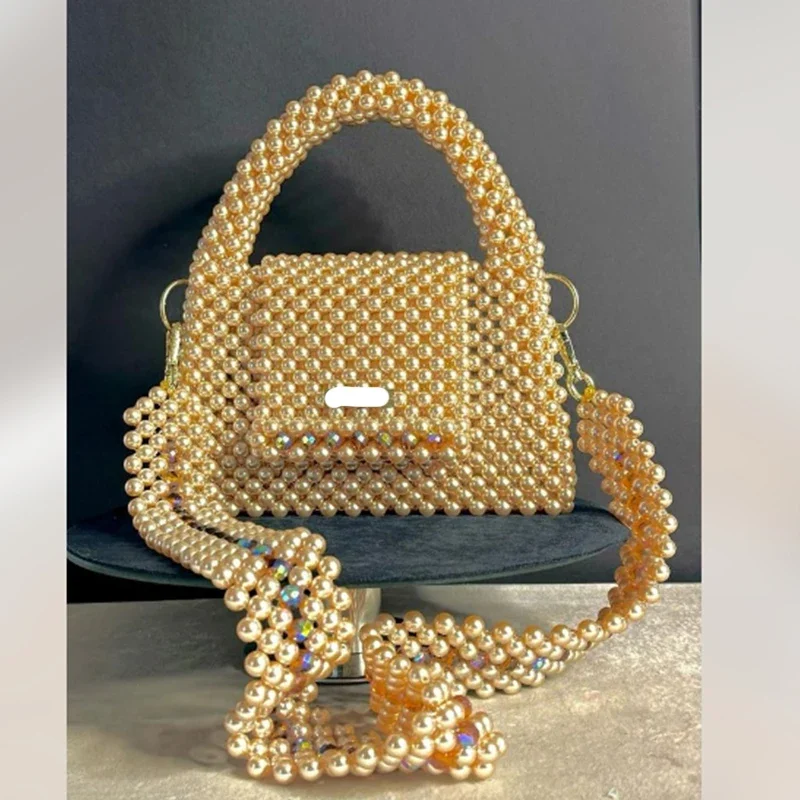 

Golden Shiny Shoulder Crossbody Fashion Women's Bag New Niche Square Hand-held Banquet Party Bags Can Be Customized Bead