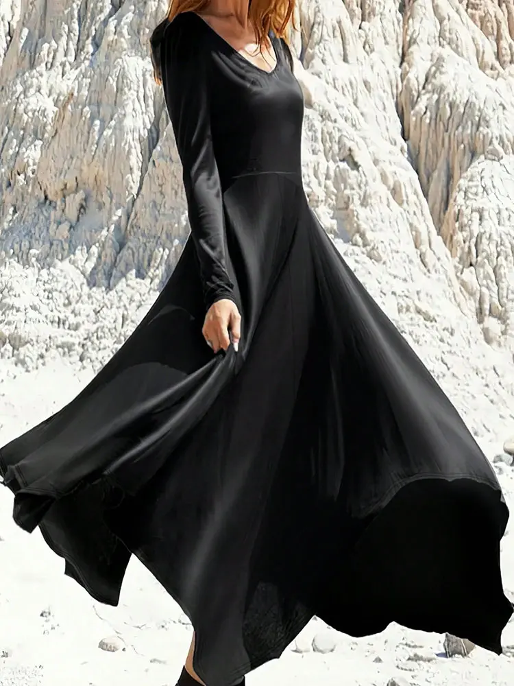 Nuevo vestido Retro negro con dobladillo asimétrico y manga larga con cuello en V para mujer, vestido largo elegante para fiesta, vestidos de noche ajustados para salir de graduación