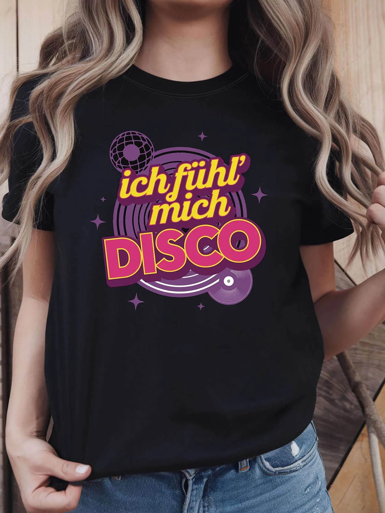 Women German Disco Theme T Shirt Disco Ball Record Slogan Decor Casual Short Sleeve Retro Disco Party Top Purple Pink Yellow