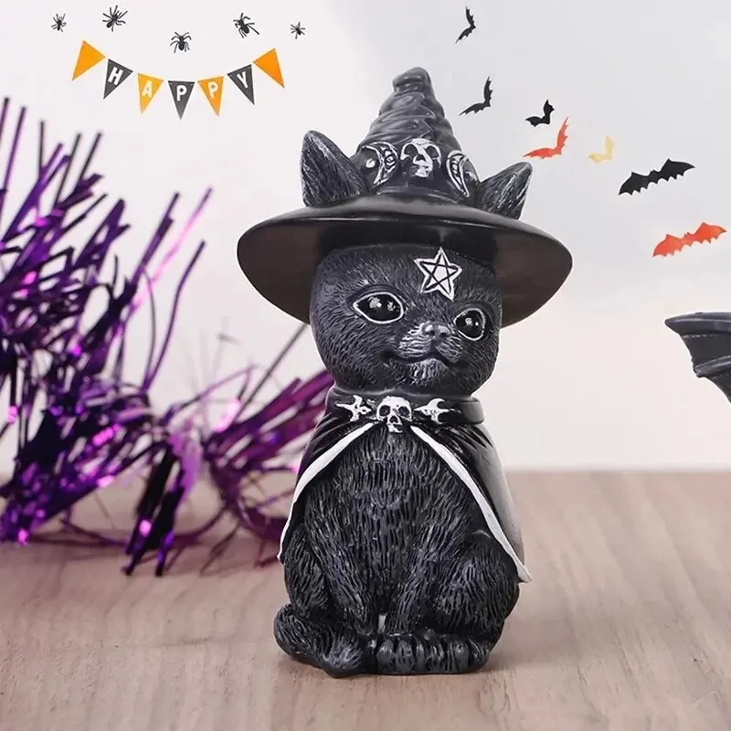 Czarny Kot Statuetka Tajemniczy Śliczny Kot Czarownica Kot Figurka Czarownice Dekoracja Biurka Ręcznie Malowana Rzeźba na Halloween 1PC