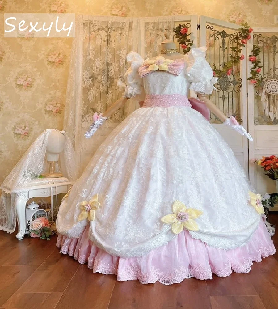 Unique Pink White Medieval Wedding Dress With Flowers Short Sleeve Lace Edwardian Court Bridal Dress Bow Gothic Bride Customized