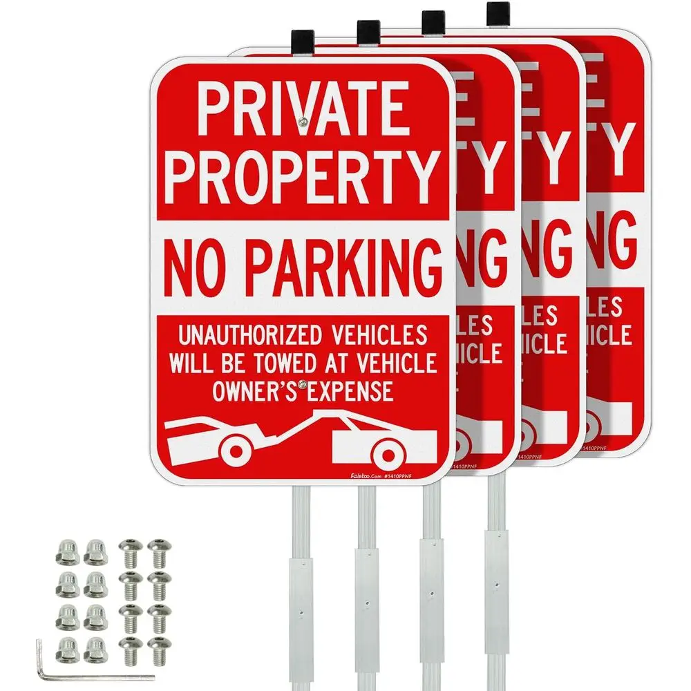 

Private Property No Parking Sign with 36 Stake, 4-Pack 14x10 Vehicle Towed At Owner's Expense Aluminum Sign, Reflective, 2 pre-d